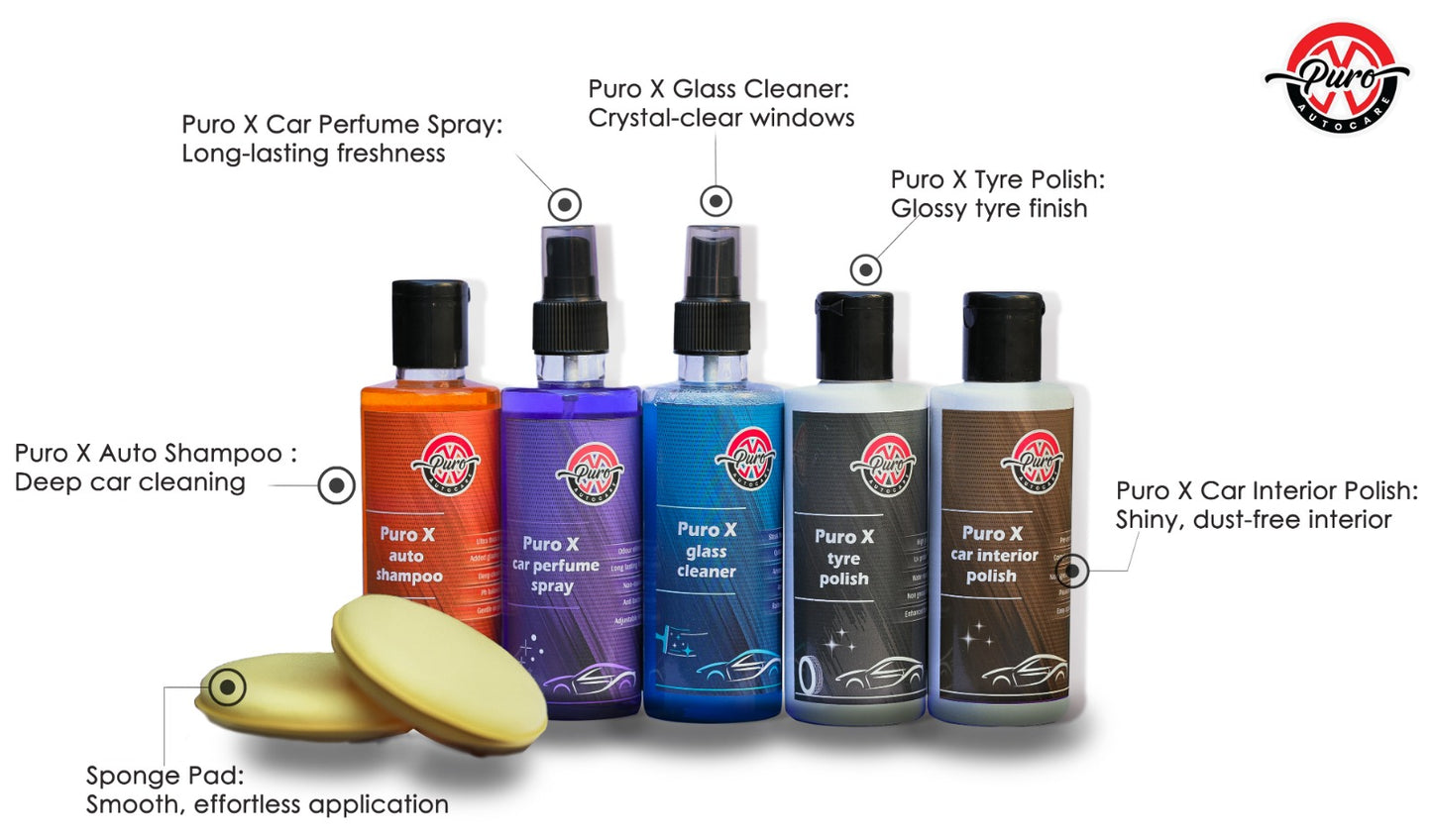 Puro X Car Care Kit - Complete Auto Detailing Solution | Includes Auto Shampoo, Tyre Polish, Car Interior Polish, Car Perfume Spray (200ml), Glass Cleaner, & 2 Sponge Pads
