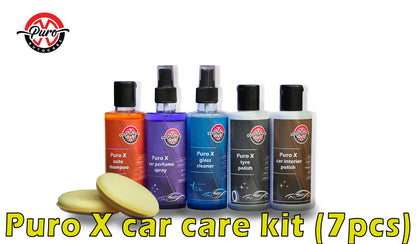 Puro X Car Care Kit - Complete Auto Detailing Solution | Includes Auto Shampoo, Tyre Polish, Car Interior Polish, Car Perfume Spray (200ml), Glass Cleaner, & 2 Sponge Pads